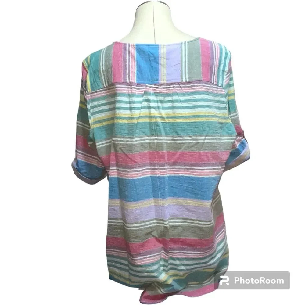 Westbound Colorful Rainbow Striped Cotton Blouse Top V Neck Size XL